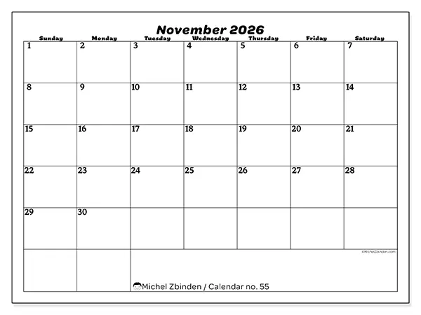 Printable November 2026 calendar - Leisure organization - Week from Sunday to Saturday