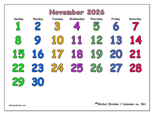 Printable November 2026 calendar - Creative moments - Week from Sunday to Saturday