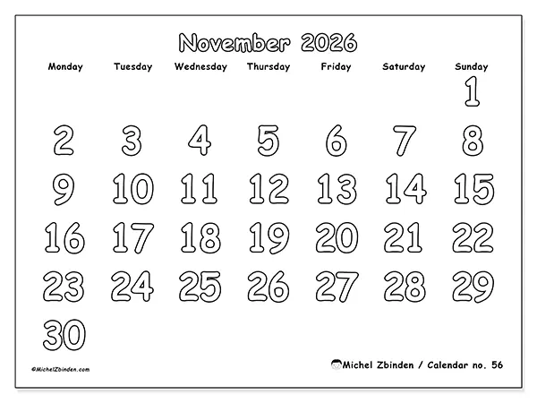 Printable November 2026 calendar - Useful coloring