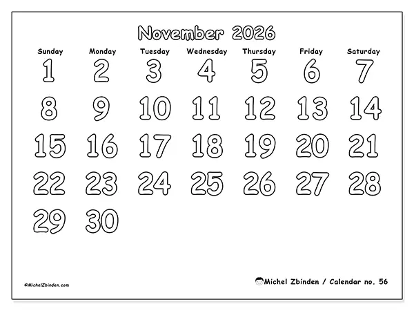 Printable November 2026 calendar - Useful coloring - Week from Sunday to Saturday