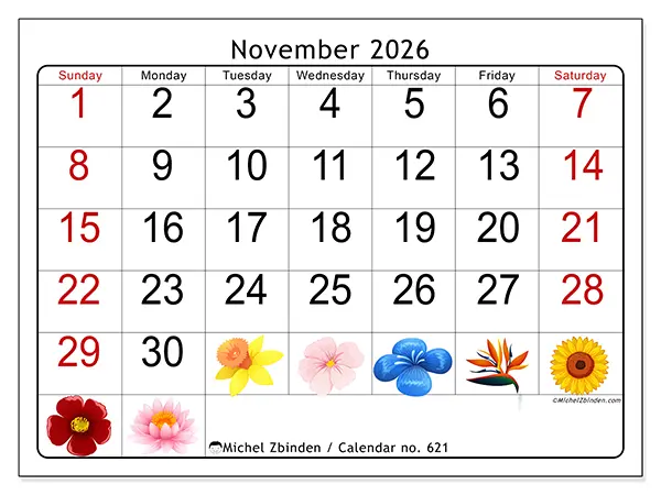 Printable November 2026 calendar - Big flowers - Week from Sunday to Saturday