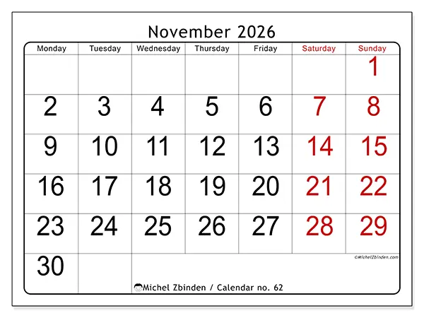 Printable November 2026 calendar - Speed reading