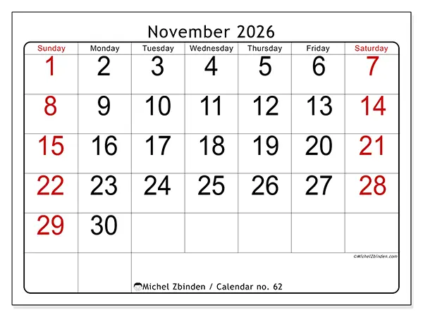 Printable November 2026 calendar - Speed reading - Week from Sunday to Saturday