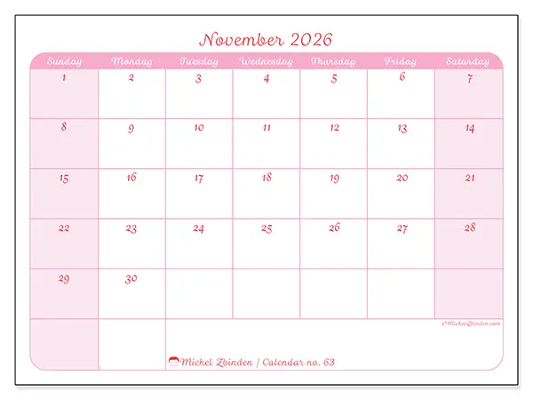 Printable November 2026 calendar - Gentle organization - Week from Sunday to Saturday