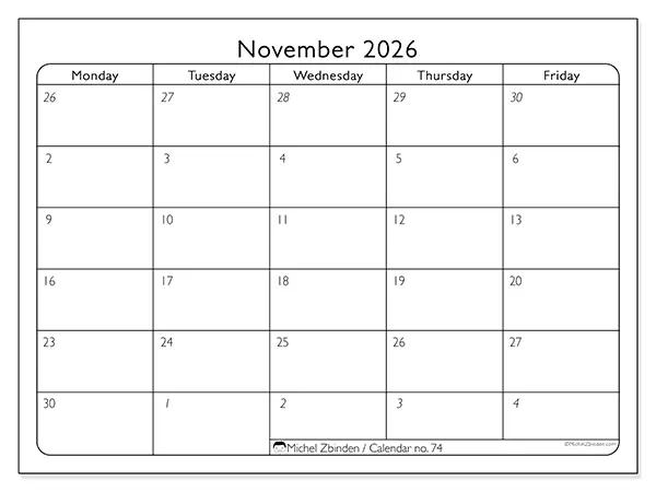 Printable November 2026 calendar - Work organization