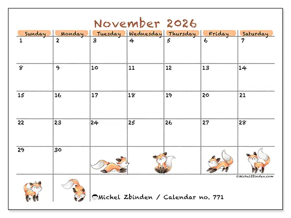 Printable November 2026 calendar - Fox drawings - Week from Sunday to Saturday