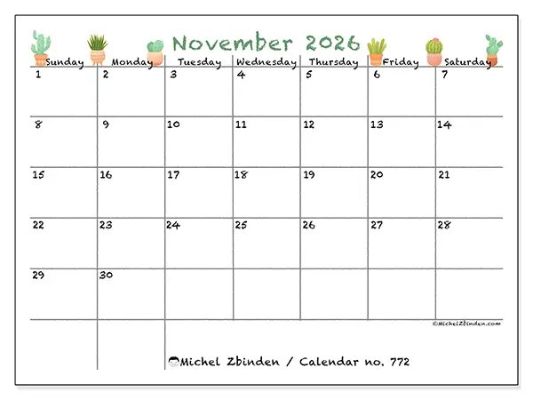 Printable November 2026 calendar - Decorative cactus - Week from Sunday to Saturday