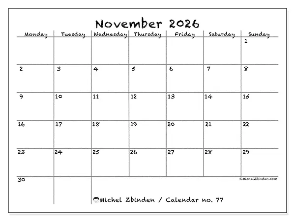Printable November 2026 calendar - School and family