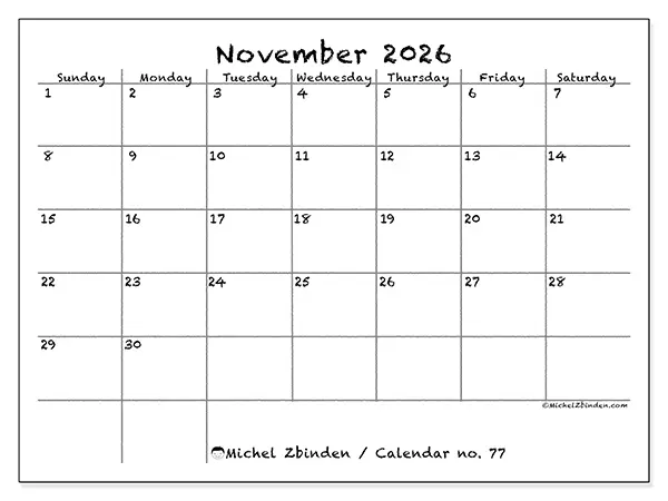 Printable November 2026 calendar - School and family - Week from Sunday to Saturday