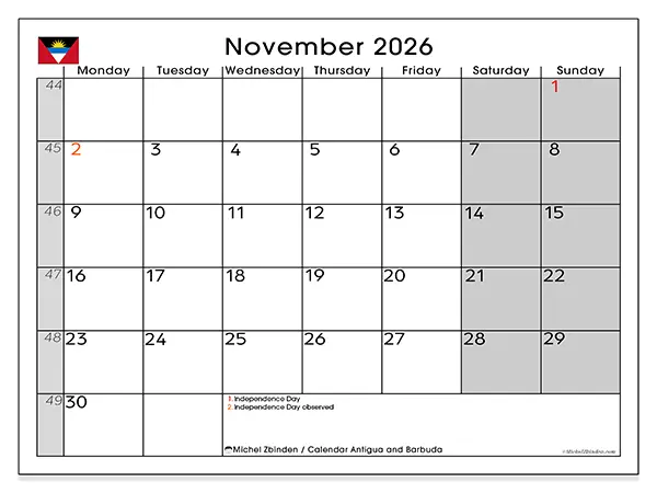 Printable November 2026 calendar - Antigua and Barbuda