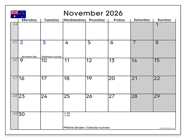 Printable November 2026 calendar - Australia