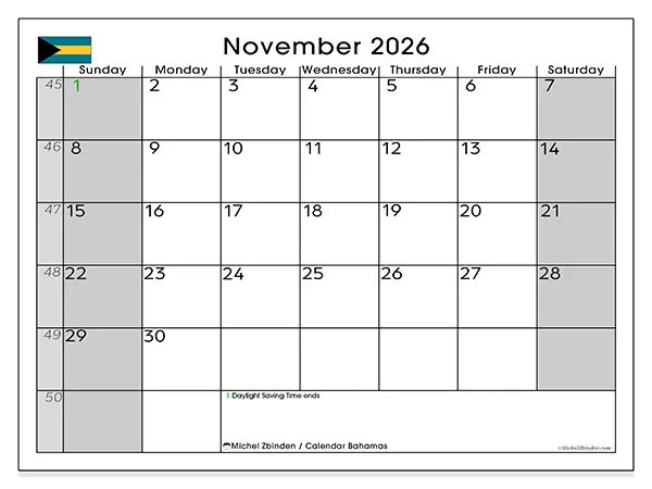 Printable November 2026 calendar - Bahamas