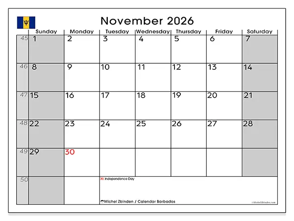 Printable November 2026 calendar - Barbados
