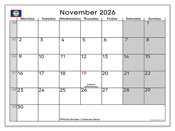 Printable November 2026 calendar - Belize