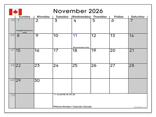 Printable November 2026 calendar - Canada