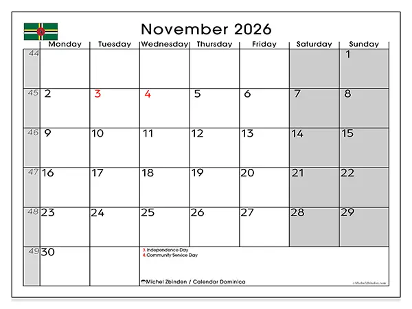 Printable November 2026 calendar - Dominica