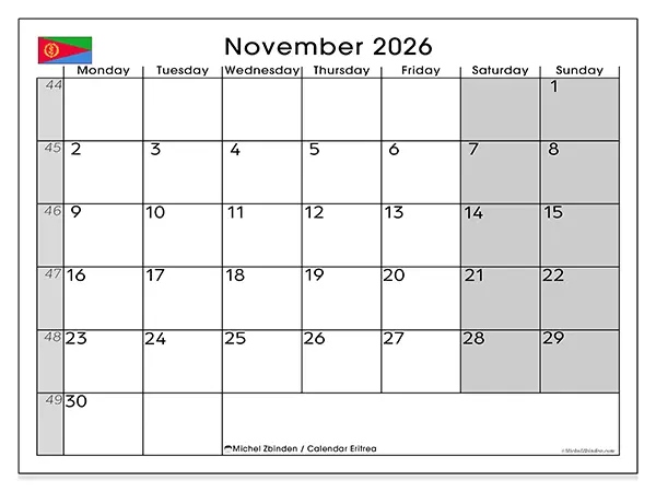 Printable November 2026 calendar - Eritrea