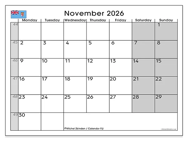 Printable November 2026 calendar - Fiji