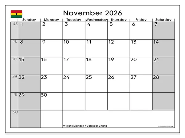 Printable November 2026 calendar - Ghana