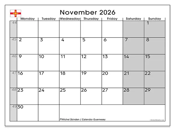 Printable November 2026 calendar - Guernsey