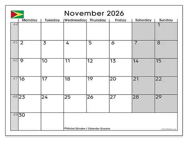 Printable November 2026 calendar - Guyana
