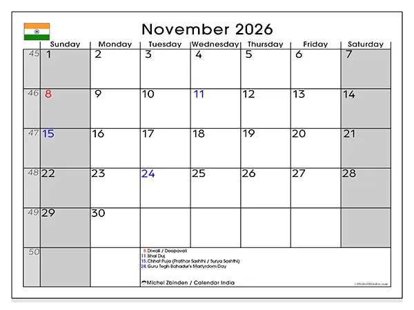 Printable November 2026 calendar - India