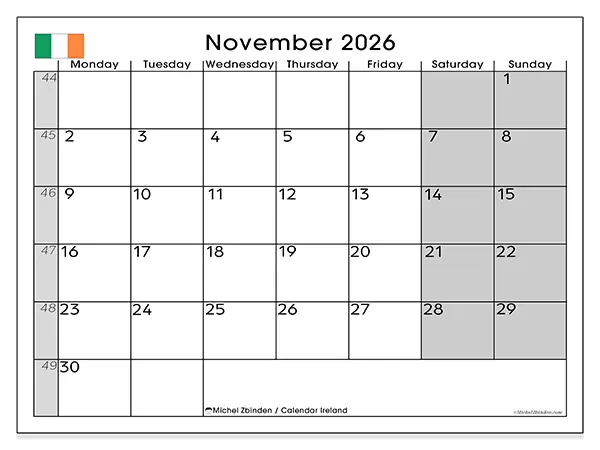 Printable November 2026 calendar - Ireland