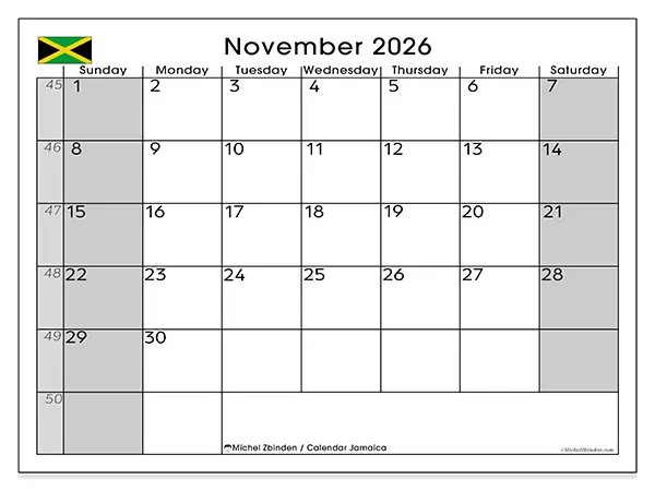 Printable November 2026 calendar - Jamaica