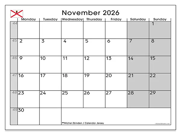 Printable November 2026 calendar - Jersey