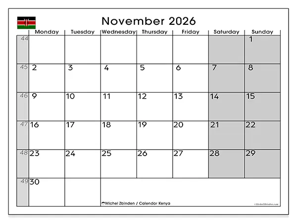 Printable November 2026 calendar - Kenya