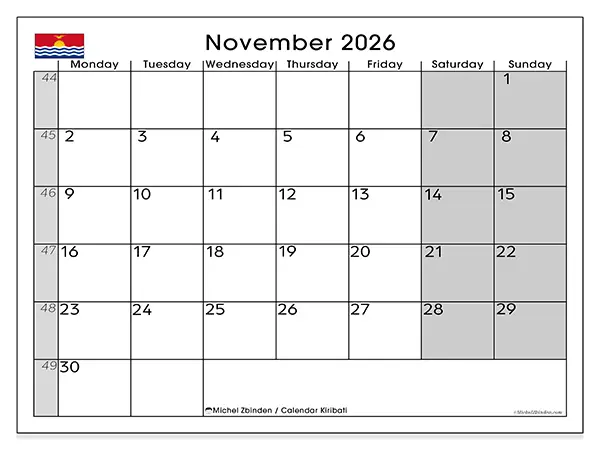 Printable November 2026 calendar - Kiribati