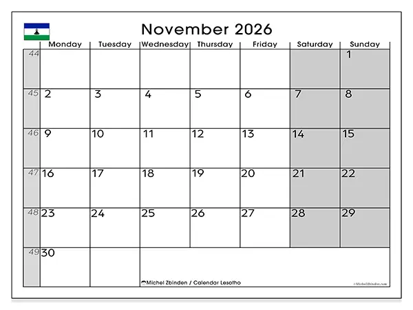 Printable November 2026 calendar - Lesotho