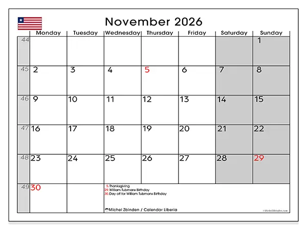 Printable November 2026 calendar - Liberia