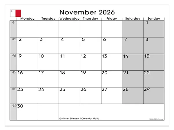 Printable November 2026 calendar - Malta