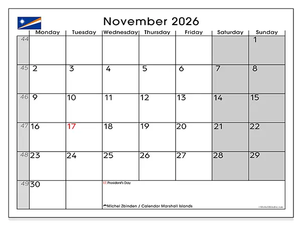 Printable November 2026 calendar - Marshall Islands