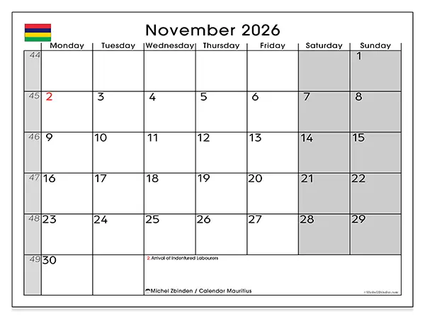 Printable November 2026 calendar - Mauritius
