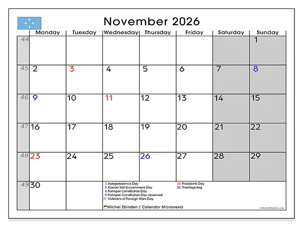 Printable November 2026 calendar - Micronesia