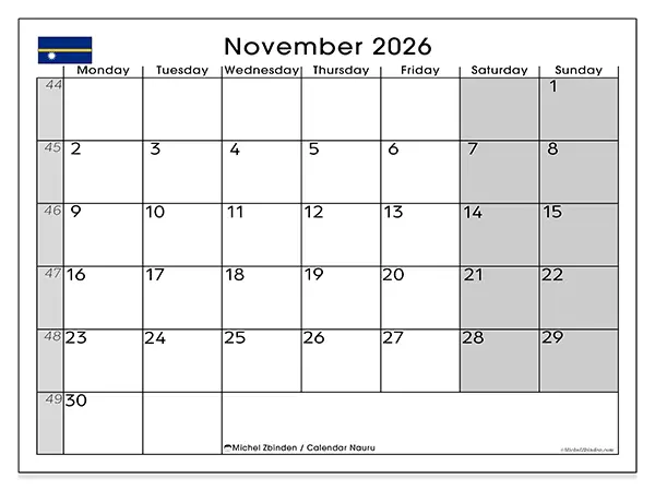 Printable November 2026 calendar - Nauru