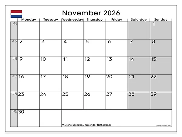 Printable November 2026 calendar - Netherlands