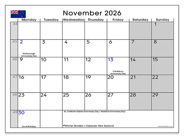 Printable November 2026 calendar - New Zealand