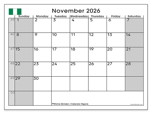 Printable November 2026 calendar - Nigeria