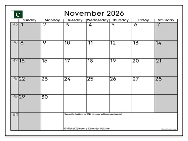 Printable November 2026 calendar - Pakistan
