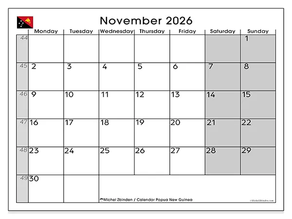 Printable November 2026 calendar - Papua New Guinea
