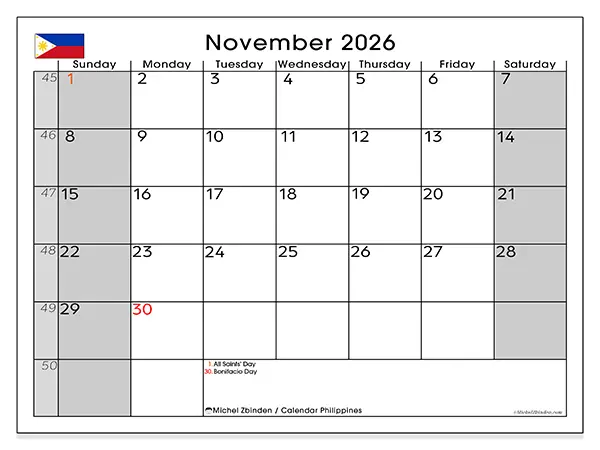 Printable November 2026 calendar - Philippines
