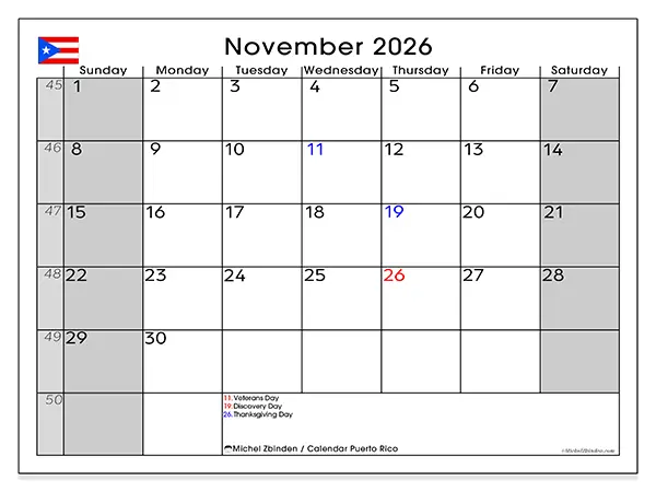 Printable November 2026 calendar - Puerto Rico