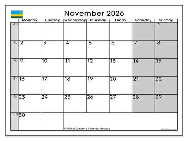 Printable November 2026 calendar - Rwanda