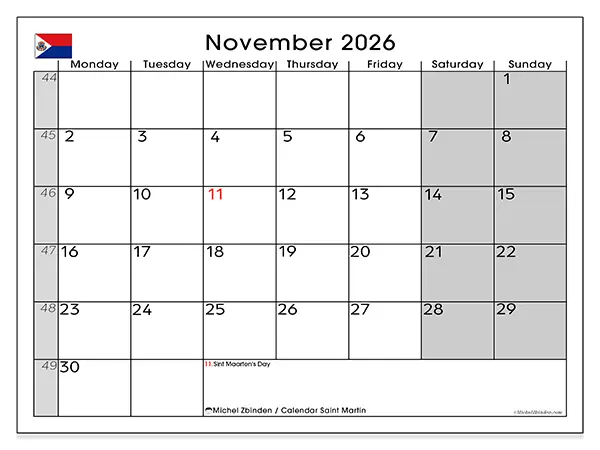 Printable November 2026 calendar - Saint Martin