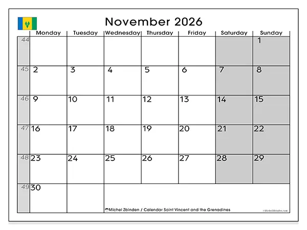 Printable November 2026 calendar - Saint Vincent and the Grenadines