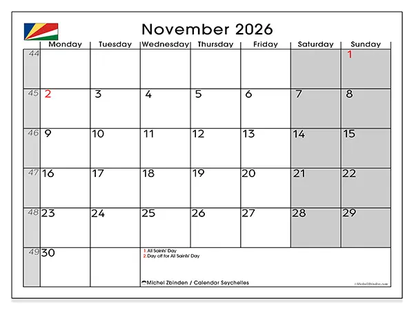 Printable November 2026 calendar - Seychelles