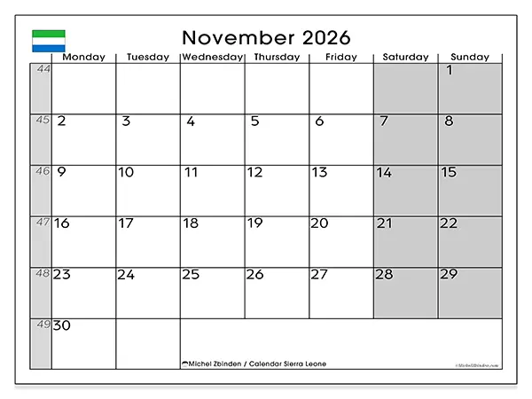 Printable November 2026 calendar - Sierra Leone